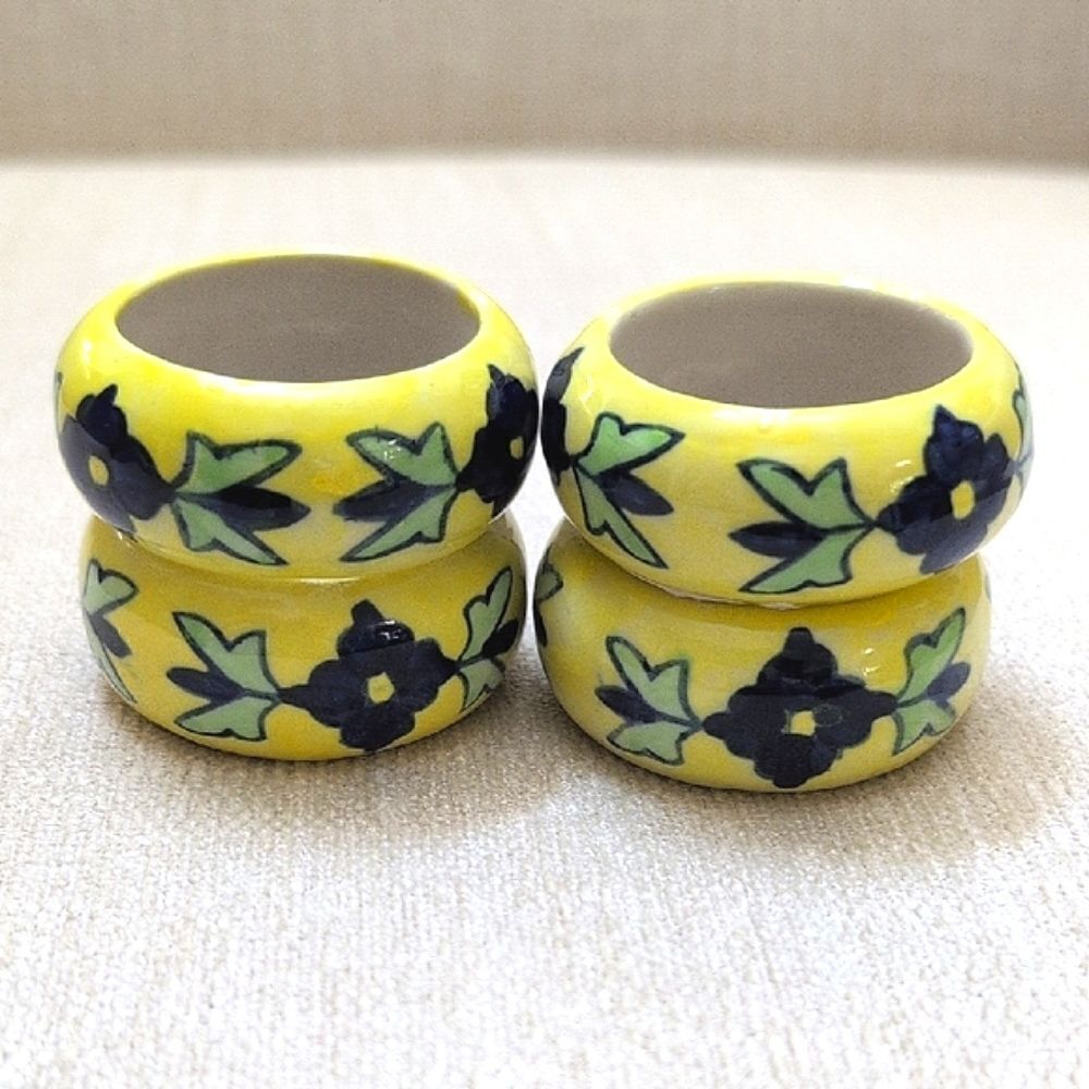Yellow Ceramic Round Floral Napkin Rings Set of 4 Vintage Hand Painted